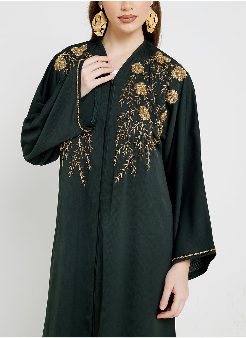 hayas closet V-Neck Embroidered Flared Sleeve Abaya  - Image 3