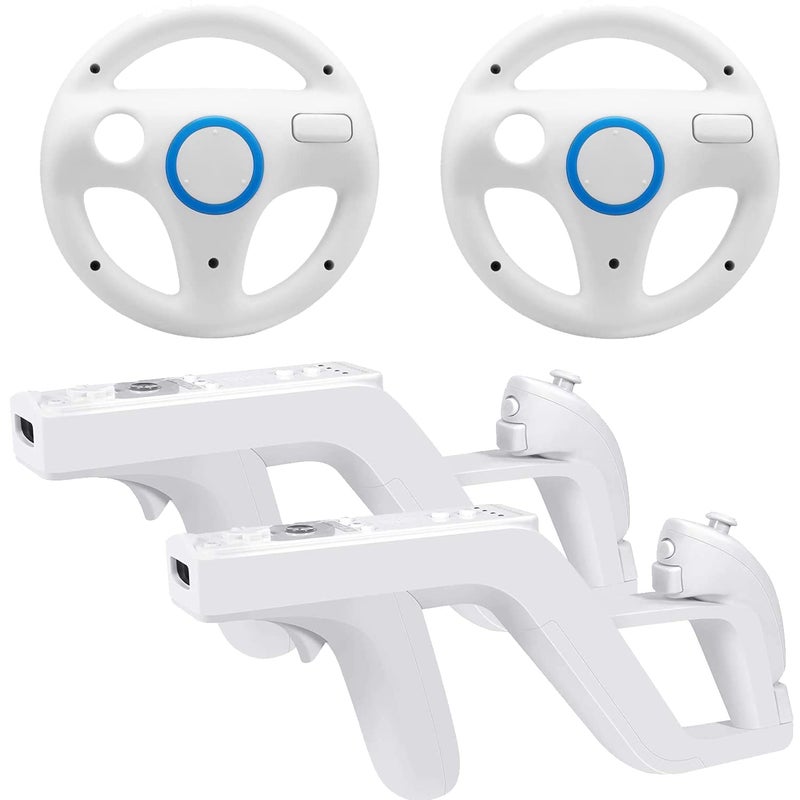 Arrocent Steering Wheel and Zapper Gun Set Compatible with Wii Wii U Remote (Pack of 2, White) - Image 1
