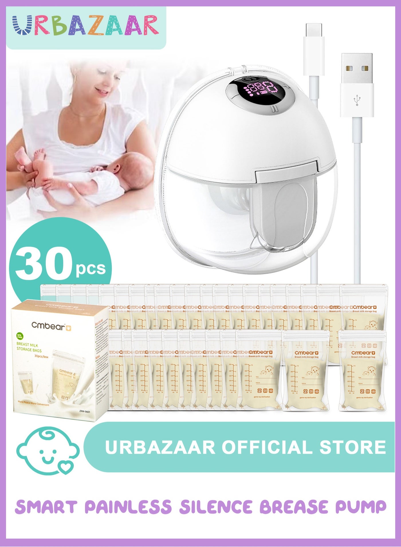 URbazaar Breast Pump, Hands Free Electric Wearable Breast Pump with 4 Mode, LCD Display, with 30 Pcs Milk Storage Bag