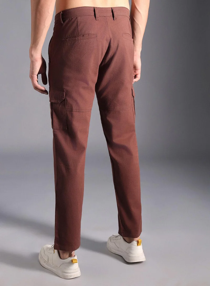 HIGH STAR Men's Khaki 100% Cotton Solid Cargo Trouser