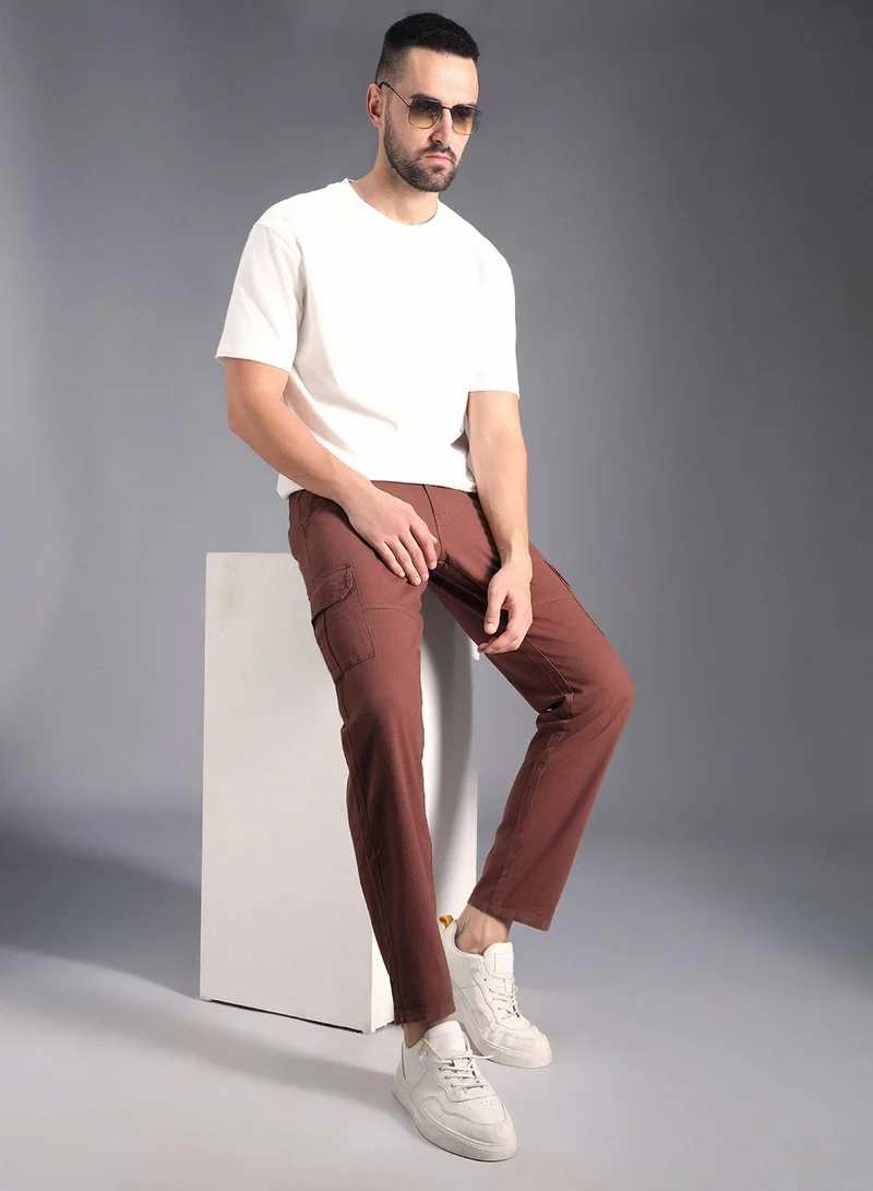 هاي ستار Men's Khaki 100% Cotton Solid Cargo Trouser