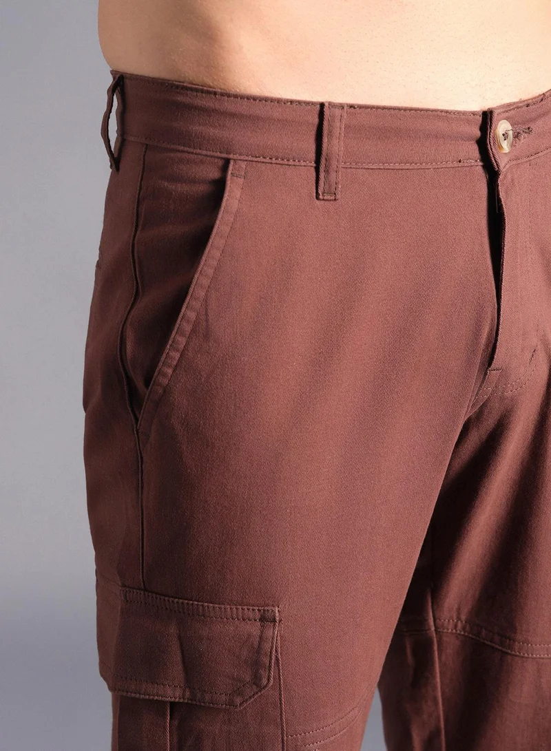 HIGH STAR Men's Khaki 100% Cotton Solid Cargo Trouser