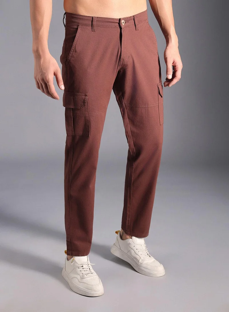 هاي ستار Men's Khaki 100% Cotton Solid Cargo Trouser