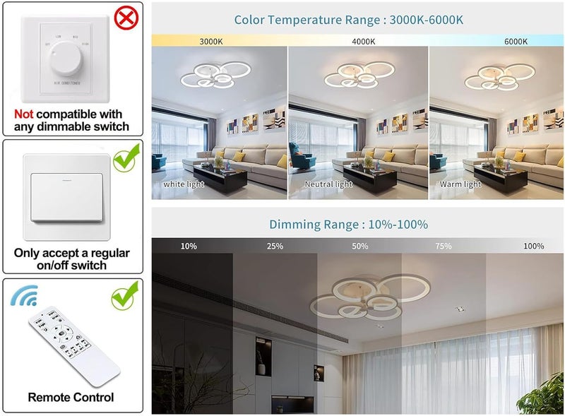 مصباح سقف LED قابل للتعتيم من Qcyuui، 72 واط، تركيبات إضاءة مثبتة على السقف حديثة من الأكريليك بستة رؤوس دائرية، مصباح سقف داخلي قريب من السقف ��غرفة الطعام وغرفة النوم والمطبخ وغرفة المعيشة مع جهاز تحكم عن بعد - Image 2