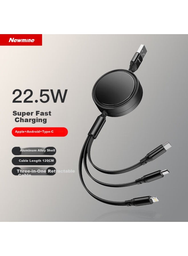 Newmine In-1 Retractable Charging Cable Fast Charge 22.5w One For Three Apple Type-c Android Mobile Phone Car Charger Black - Image 1