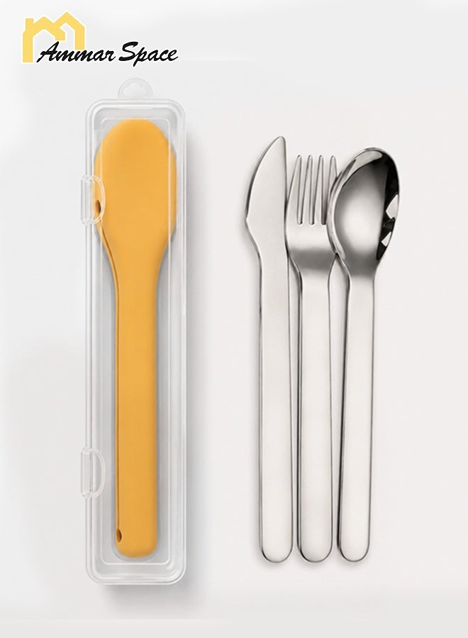 Ammar Space 5 Pcs Portable Cutlery Set with Case, Stainless Steel Spoon Fork Knife Set with Silicone Utensil Holder & Plastic Storage Box, Reusable Travel Flatware for Lunch Box, Office, Camping, Picnic - Image 1