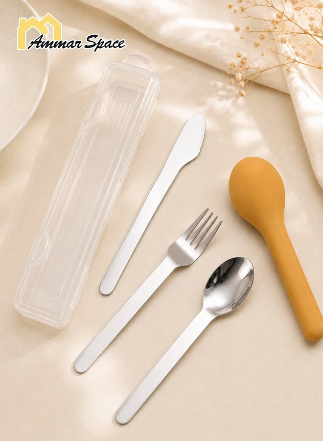 Ammar Space 5 Pcs Portable Cutlery Set with Case, Stainless Steel Spoon Fork Knife Set with Silicone Utensil Holder & Plastic Storage Box, Reusable Travel Flatware for Lunch Box, Office, Camping, Picnic - Image 2