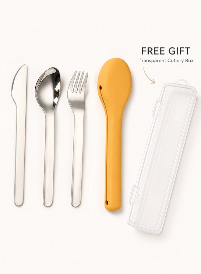 Ammar Space 5 Pcs Portable Cutlery Set with Case, Stainless Steel Spoon Fork Knife Set with Silicone Utensil Holder & Plastic Storage Box, Reusable Travel Flatware for Lunch Box, Office, Camping, Picnic - Image 3