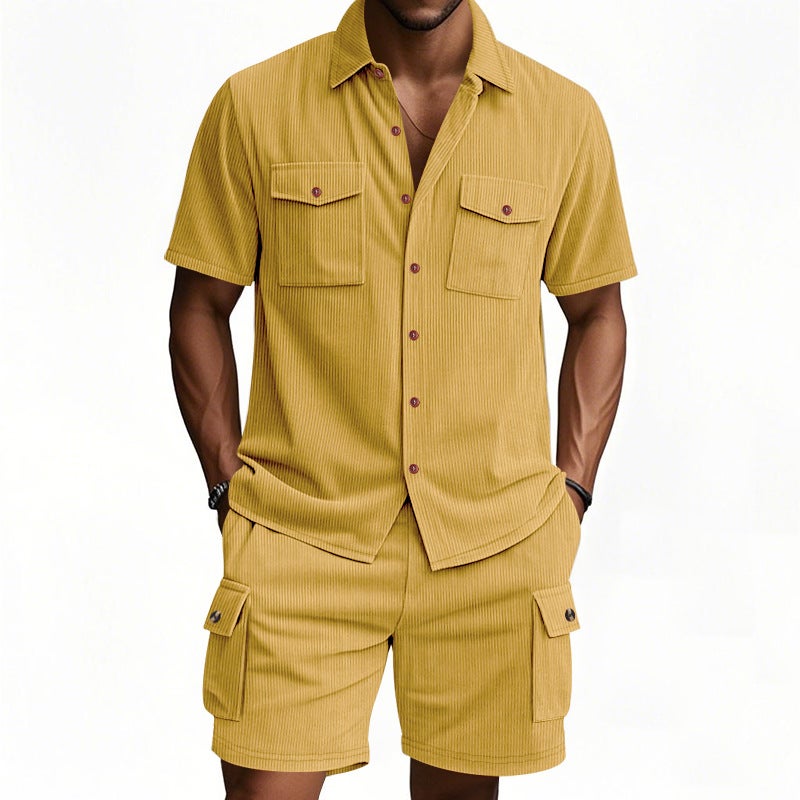 الصيف Corduroy العمل قميص بدلة قصيرة الأكمام قصيرة الرجال في الهواء الطلق الصيد الرجال بدلة غير رسمية - Image 5