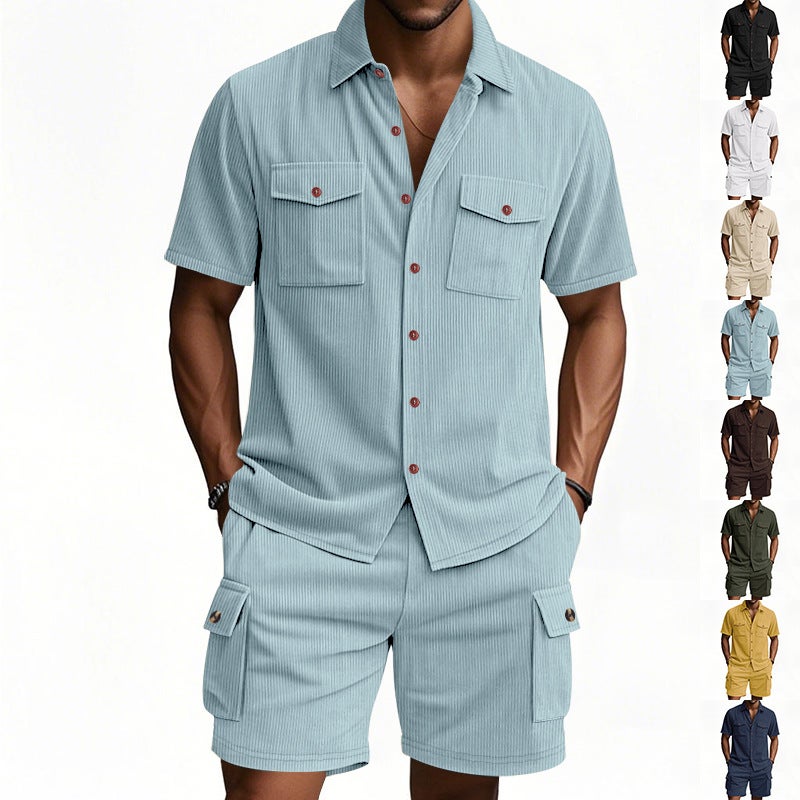الصيف Corduroy العمل قميص بدلة قصيرة الأكمام قصيرة الرجال في الهواء الطلق الصيد الرجال بدلة غير رسمية - Image 2