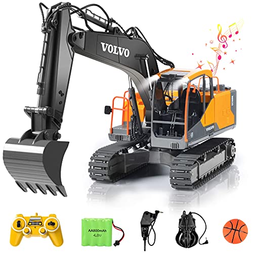 DOUBLE E Volvo RC Excavator 17 Channel 3 in 1 Construction Toys, 17 Channel Remote Control Vehicles Tractor Sandbox Toys Digger with Metal Shovel Drill Grab RC Truck for Kids Adults - Image 1
