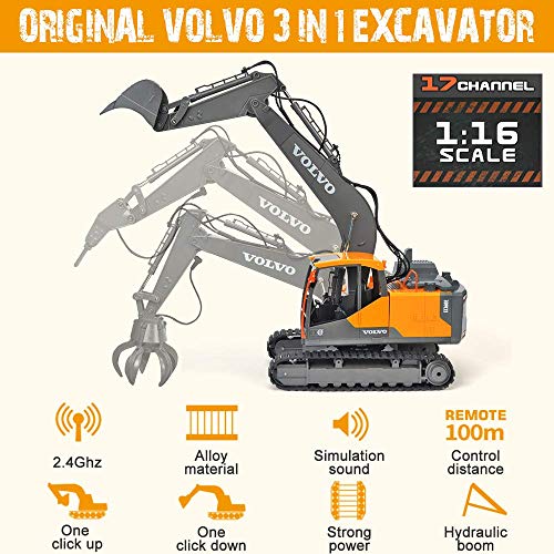 DOUBLE E Volvo RC Excavator 17 Channel 3 in 1 Construction Toys, 17 Channel Remote Control Vehicles Tractor Sandbox Toys Digger with Metal Shovel Drill Grab RC Truck for Kids Adults - Image 3
