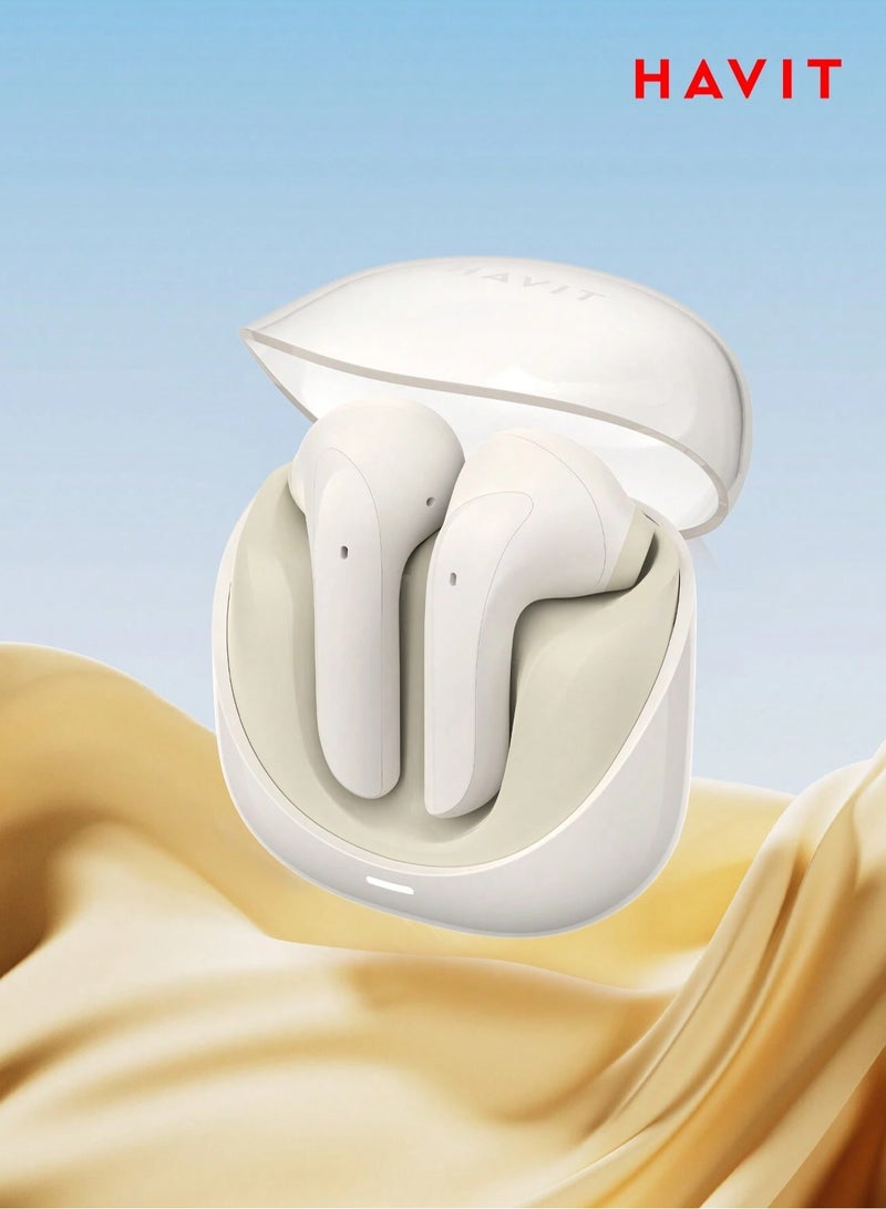 havit Premium True Wireless Bluetooth Headphones with Game Mode for Low Latency, Exceptional Stereo Sound Quality, Dual Microphone Noise Reduction for Clear Calls, IPX4 Waterproof Rating for Outdoor Use, Compact Lightweight Design for Ultimate Comfort and Portability- Beige  - Image 1