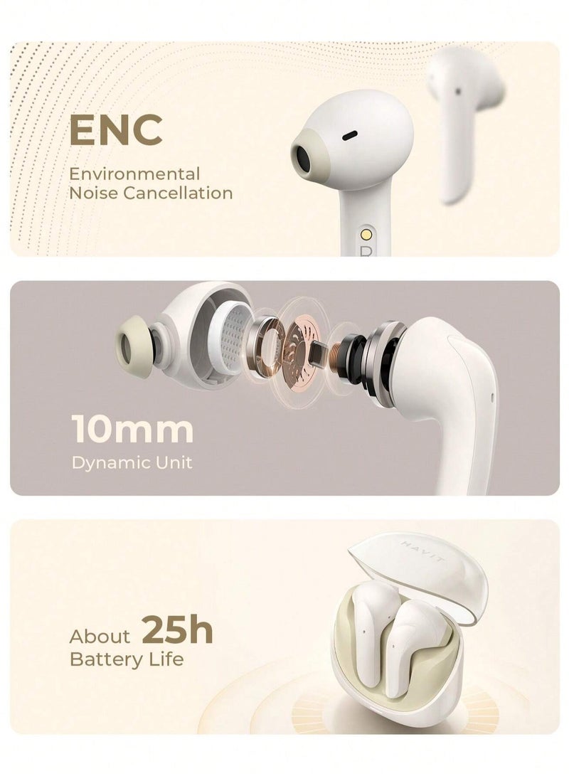 havit Premium True Wireless Bluetooth Headphones with Game Mode for Low Latency, Exceptional Stereo Sound Quality, Dual Microphone Noise Reduction for Clear Calls, IPX4 Waterproof Rating for Outdoor Use, Compact Lightweight Design for Ultimate Comfort and Portability- Beige  - Image 3