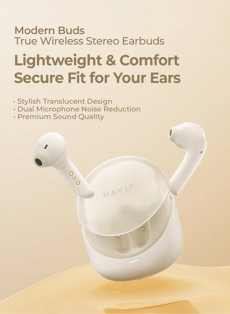 havit Premium True Wireless Bluetooth Headphones with Game Mode for Low Latency, Exceptional Stereo Sound Quality, Dual Microphone Noise Reduction for Clear Calls, IPX4 Waterproof Rating for Outdoor Use, Compact Lightweight Design for Ultimate Comfort and Portability- Beige  - Image 4