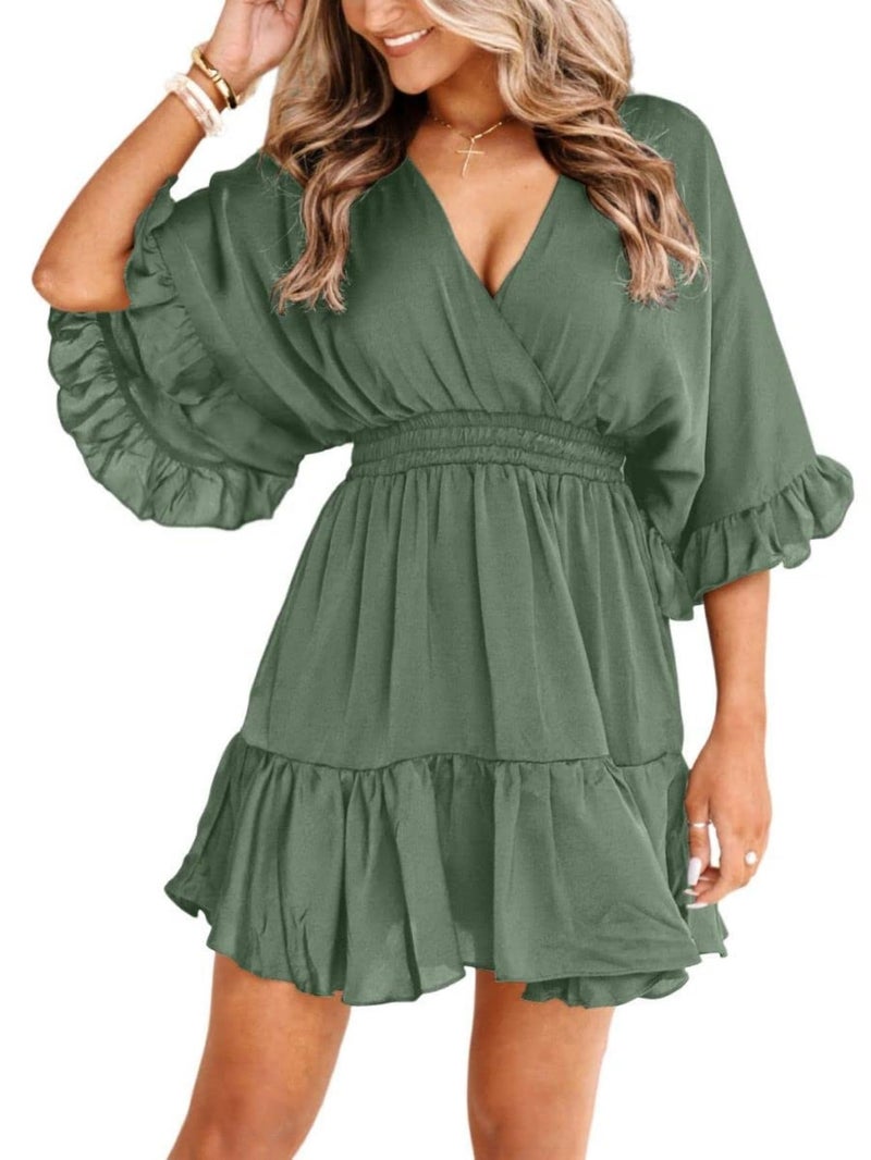 Aoysky Womens V Neck Casual Dresses Summer Loose High Waist Ruffle Pleated Cute Mini Short Dress Green - Image 1