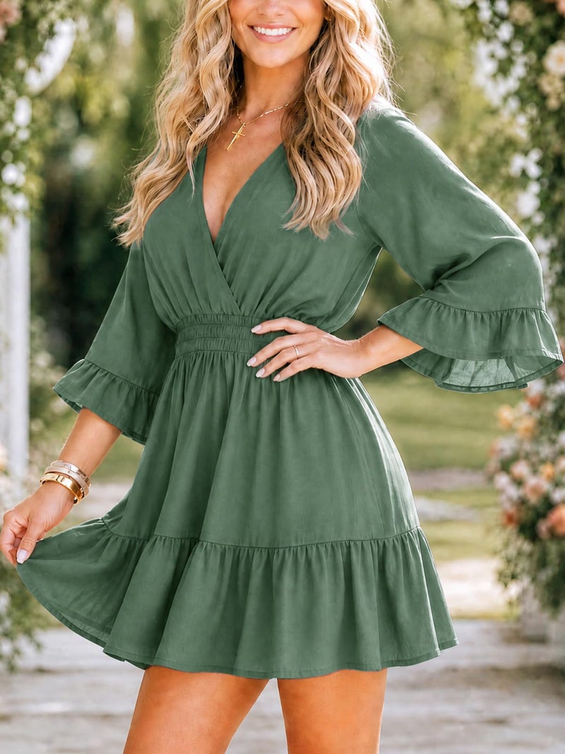 Aoysky Womens V Neck Casual Dresses Summer Loose High Waist Ruffle Pleated Cute Mini Short Dress Green - Image 4