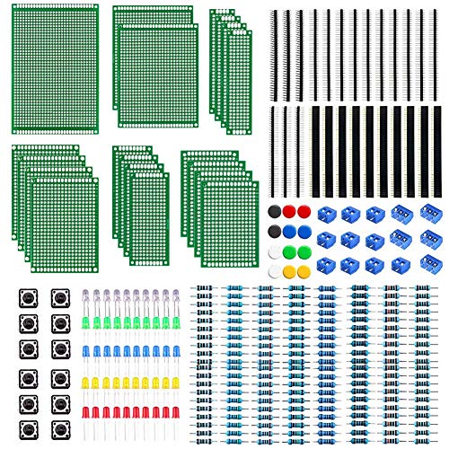 WayinTop PCB Board Kit, Double Sided Prototype Boards 6 Sizes 40 Pin 2.54mm Male/Female Header Connector 2/3Pin Screw Terminal Blocks and Resistor 10-1M Ohm 5mm Led Diodes Tactile Cap Switch - Image 1