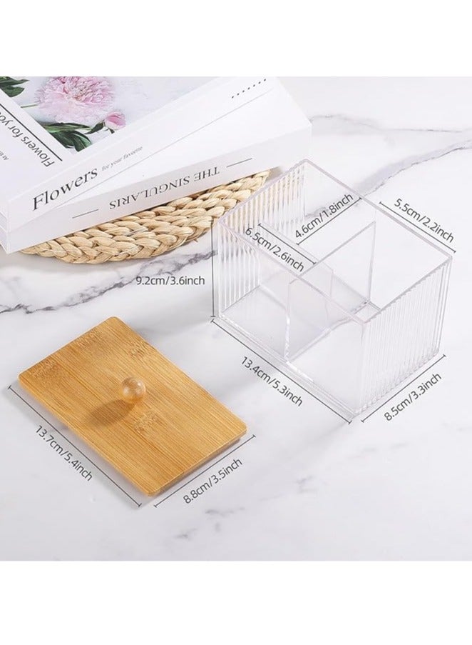 عربست حامل بأغطية من الخيزران، موزع 3 أقسام لكرات القطن/المسحات، وعاء صيدلاني بلاستيكي شفاف للحمام للتخزين والتنظيم - Image 2