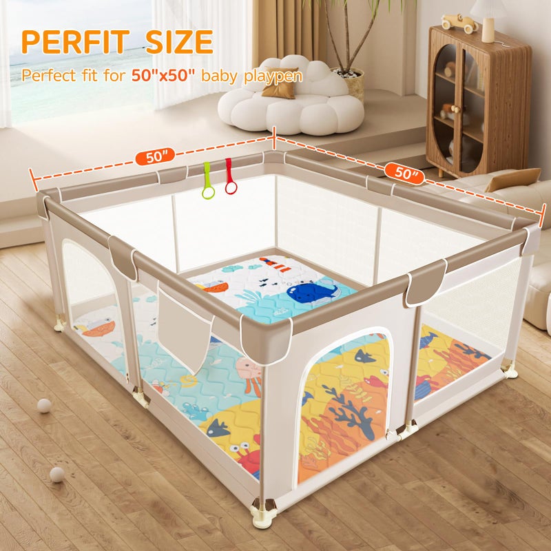 TreeBud Baby Play Mat - Thicken 50x50 Inch Soft Foam Crawling Mat for Playpen & Floor, Non-Slip Waterproof Playmats for Infants & Toddlers, Portable Foldable & Machine Washable, Ocean World - Image 3