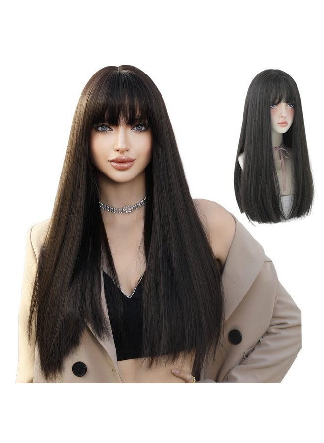 7JHH WIGS Long Straight Wig With Bangs Hair Dye Black Wig For Women Synthetic Natural Black Hair Party And Cosplay Premium Soft Wig(23 Inch Black)  - Image 1