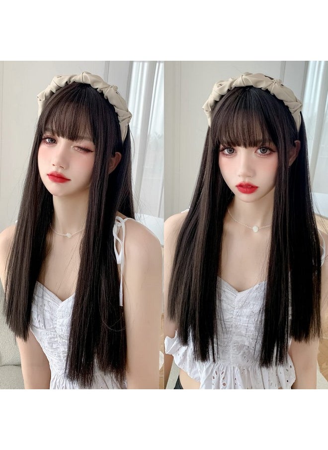 7JHH WIGS Long Straight Wig With Bangs Hair Dye Black Wig For Women Synthetic Natural Black Hair Party And Cosplay Premium Soft Wig(23 Inch Black)  - Image 5