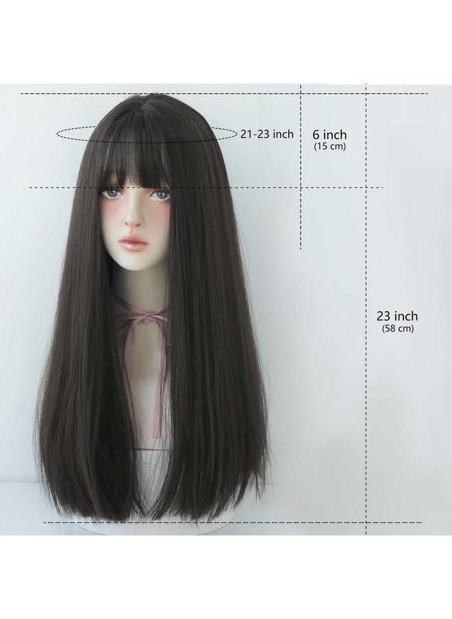 7JHH WIGS Long Straight Wig With Bangs Hair Dye Black Wig For Women Synthetic Natural Black Hair Party And Cosplay Premium Soft Wig(23 Inch Black)  - Image 3