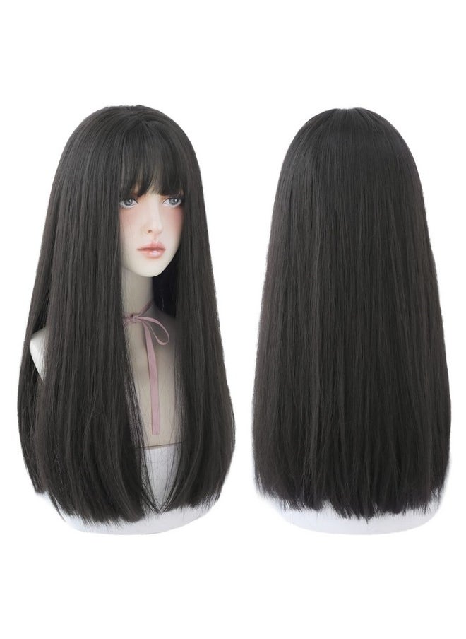 7JHH WIGS Long Straight Wig With Bangs Hair Dye Black Wig For Women Synthetic Natural Black Hair Party And Cosplay Premium Soft Wig(23 Inch Black)  - Image 4