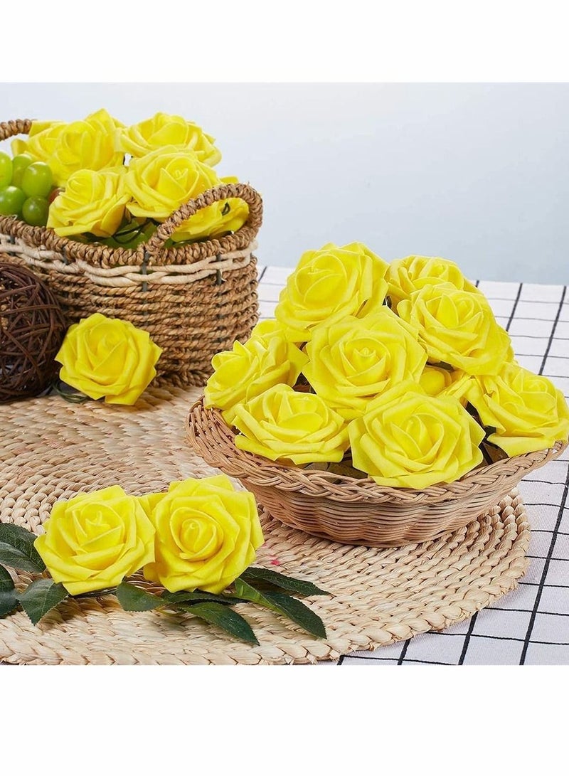 KASTWAVE 100 Pcs Artificial Rose Flower Heads Real Looking Yellow Foam Fake Roses for DIY Wedding Centerpieces Arrangements Party Tables Home Decorations (Yellow, Stemless) - Image 5