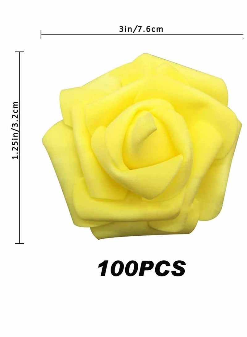 KASTWAVE 100 Pcs Artificial Rose Flower Heads Real Looking Yellow Foam Fake Roses for DIY Wedding Centerpieces Arrangements Party Tables Home Decorations (Yellow, Stemless) - Image 3
