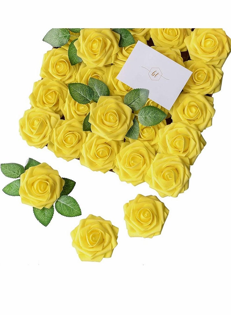 KASTWAVE 100 Pcs Artificial Rose Flower Heads Real Looking Yellow Foam Fake Roses for DIY Wedding Centerpieces Arrangements Party Tables Home Decorations (Yellow, Stemless) - Image 1