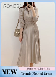 roaiss Elegant Lapel Shirt Dresses for Women French Solid Color Long Sleeve Buttoned Pleated Hem High Waist Dress Ladies Simple Premium Temperament Wedding Guest Costumes with Belt  - Image 1
