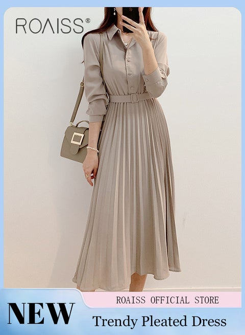 Elegant Lapel Shirt Dresses for Women French Solid Color Long Sleeve Buttoned Pleated Hem High Waist Dress Ladies Simple Premium Temperament Wedding Guest Costumes with Belt