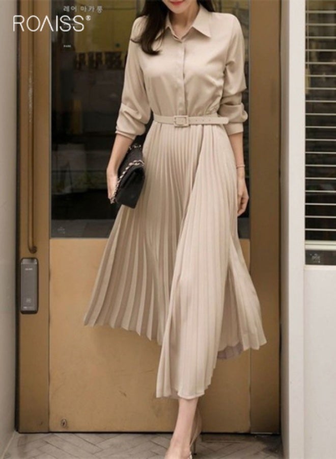 roaiss Elegant Lapel Shirt Dresses for Women French Solid Color Long Sleeve Buttoned Pleated Hem High Waist Dress Ladies Simple Premium Temperament Wedding Guest Costumes with Belt - Image 4
