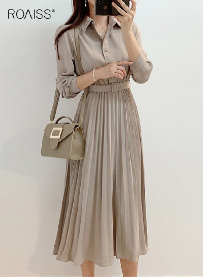 roaiss Elegant Lapel Shirt Dresses for Women French Solid Color Long Sleeve Buttoned Pleated Hem High Waist Dress Ladies Simple Premium Temperament Wedding Guest Costumes with Belt - Image 3