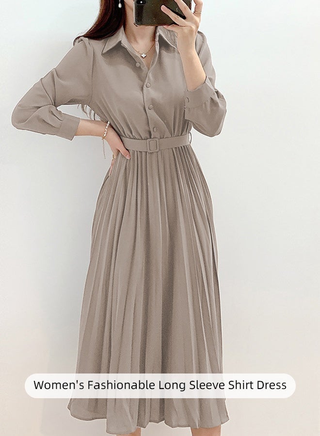 رويس فساتين أنيقة قميص طية صدر السترة للنساء الفرنسية اللون الصلبة كم طويل زرر مطوي تنحنح ارتفاع الخصر اللباس السيدات بسيطة مزاجه قسط الزفاف ضيف الأزياء مع حزام - Image 5