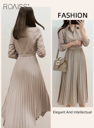 Elegant Lapel Shirt Dresses for Women French Solid Color Long Sleeve Buttoned Pleated Hem High Waist Dress Ladies Simple Premium Temperament Wedding Guest Costumes with Belt - view 4