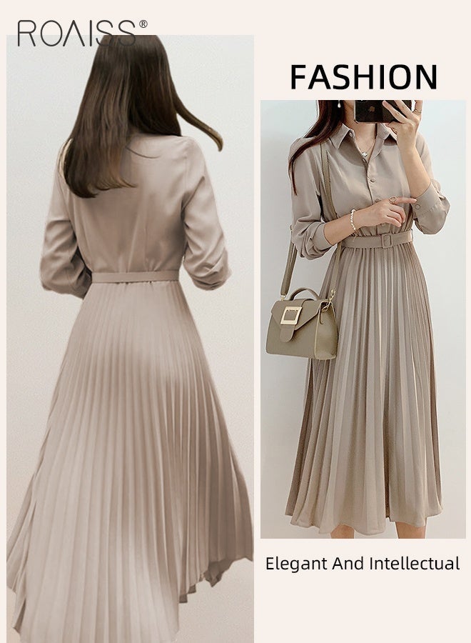 رويس فساتين أنيقة قميص طية صدر السترة للنساء الفرنسية اللون الصلبة كم طويل زرر مطوي تنحنح ارتفاع الخصر اللباس السيدات بسيطة مزاجه قسط الزفاف ضيف الأزياء مع حزام - Image 4
