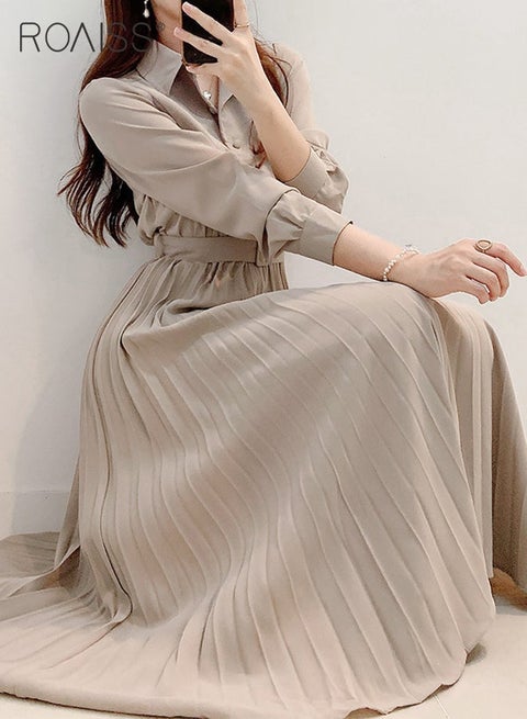 Elegant Lapel Shirt Dresses for Women French Solid Color Long Sleeve Buttoned Pleated Hem High Waist Dress Ladies Simple Premium Temperament Wedding Guest Costumes with Belt