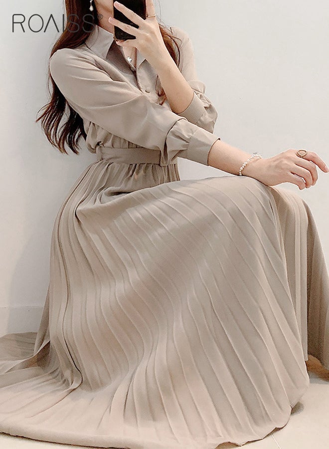 رويس فساتين أنيقة قميص طية صدر السترة للنساء الفرنسية اللون الصلبة كم طويل زرر مطوي تنحنح ارتفاع الخصر اللباس السيدات بسيطة مزاجه قسط الزفاف ضيف الأزياء مع حزام - Image 1
