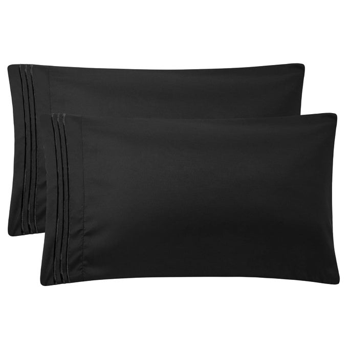 BLACK PILLOW CASES STANDARD SIZE SET OF 2 SOFT BREATHABLE PILLOW COVERS WITH EMBROIDERY BRUSHED MICROFIBER PILLOWCASES WITH ZIPPER CLOSURE