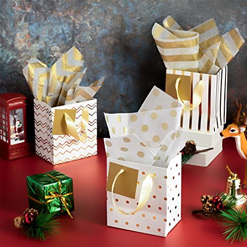 Tenare 12 Pcs Small Gift Bags Mini Metallic Paper Bag Bulk Tiny with Handle Tissue Paper for Wrap Christmas Thanksgiving Halloween Birthday Party Favor Supply(4 x 2.75 x 4.5 Inch,White Gold) - Image 4