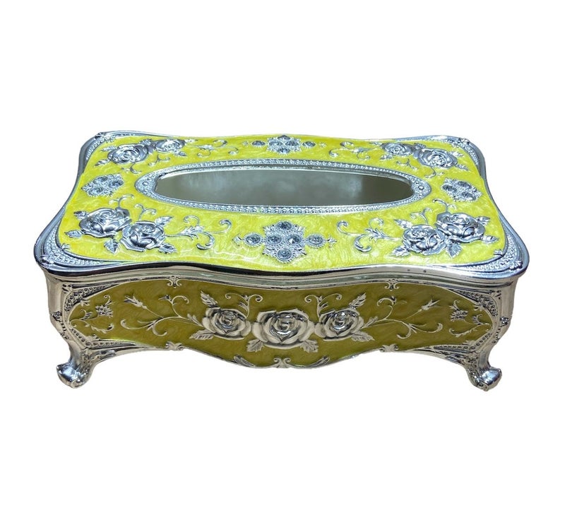 MERISH European Style Heavy Stainless Steel Tissue Box Luxurious Rose Napkin Cover- Elegant Design Tissue Holders Paper Holder Napkin Holder for Home Toilet Bath Home Decoration (Yellow) - Image 1