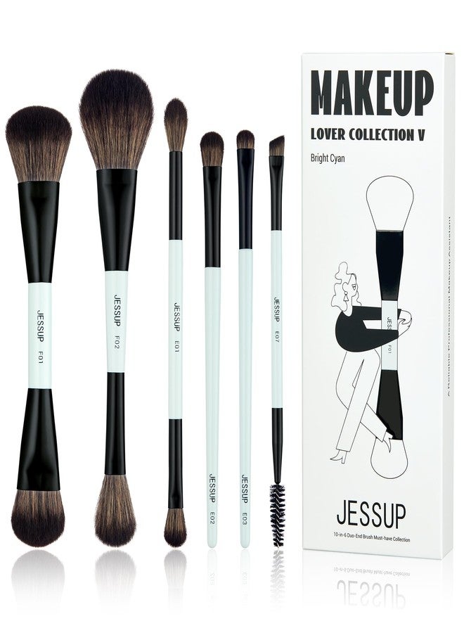 Jessup Makeup Brush Set 6pcs Double Sided Makeup Brushes Foundation Contour Blush Highlight Blending Eyebrow Brush Eyeshadow Brush, Vegan Fiber Make up Brush Bright Cyan T501 - Image 1