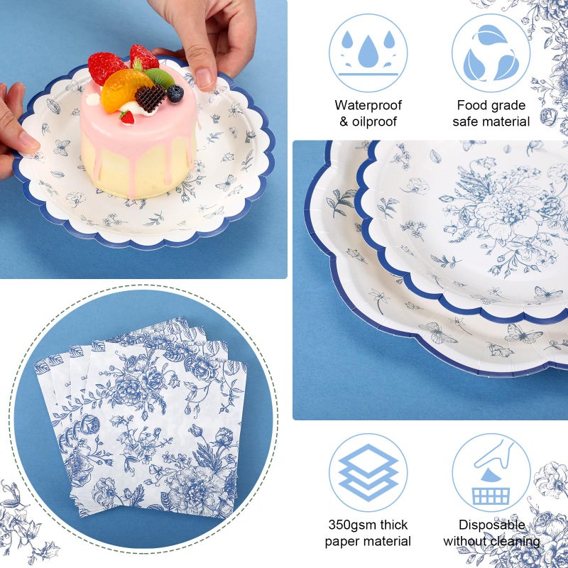 Skybooly 144 Pcs 48 Guests Blue Floral Plates And Napkins Party Supplies White And Blue Toile Paper Plates Napkins Chinoiserie Disposable Tableware For Baby Bridal Shower Wedding Birthday Party - Image 4