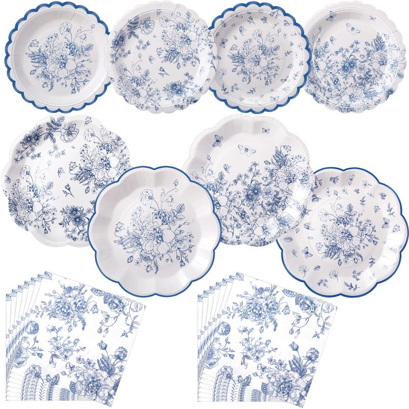Skybooly 144 Pcs 48 Guests Blue Floral Plates And Napkins Party Supplies White And Blue Toile Paper Plates Napkins Chinoiserie Disposable Tableware For Baby Bridal Shower Wedding Birthday Party - Image 1