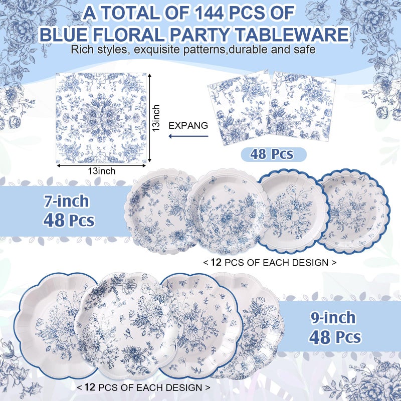 Skybooly 144 Pcs 48 Guests Blue Floral Plates And Napkins Party Supplies White And Blue Toile Paper Plates Napkins Chinoiserie Disposable Tableware For Baby Bridal Shower Wedding Birthday Party - Image 2