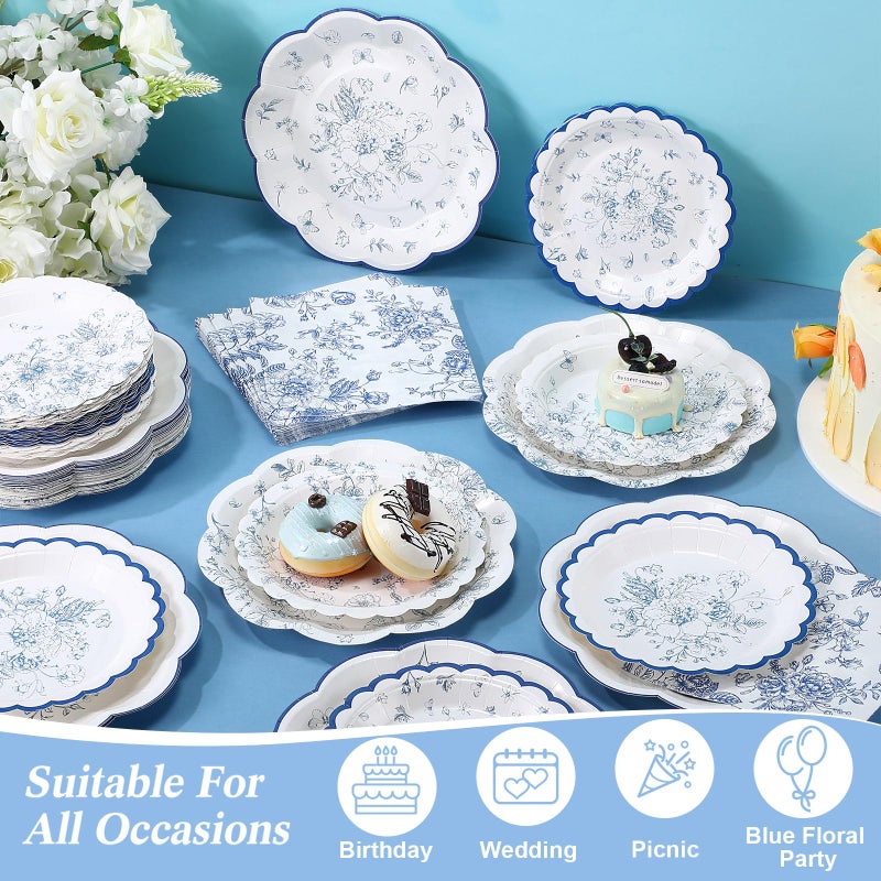 Skybooly 144 Pcs 48 Guests Blue Floral Plates And Napkins Party Supplies White And Blue Toile Paper Plates Napkins Chinoiserie Disposable Tableware For Baby Bridal Shower Wedding Birthday Party - Image 3