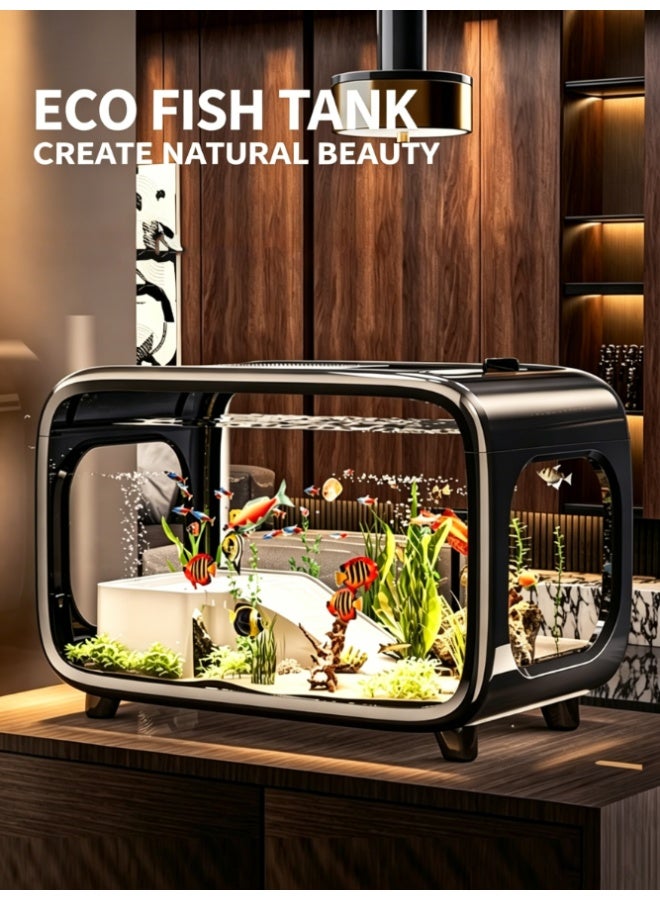 CityRiya-Long Self-Circulating Ecosystem Fish Tank, Ultra Clear Large View Desktop Aquarium, Modern Black Frame Mini Fish Tank for Bedroom Living Room Office, Decorative Ecological Aquarium for Tropical Ornamental Fish (M-ZY-067) - Image 1