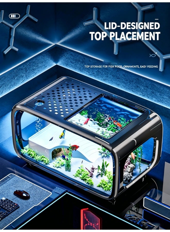 CityRiya-Long Self-Circulating Ecosystem Fish Tank, Ultra Clear Large View Desktop Aquarium, Modern Black Frame Mini Fish Tank for Bedroom Living Room Office, Decorative Ecological Aquarium for Tropical Ornamental Fish (M-ZY-067) - Image 4